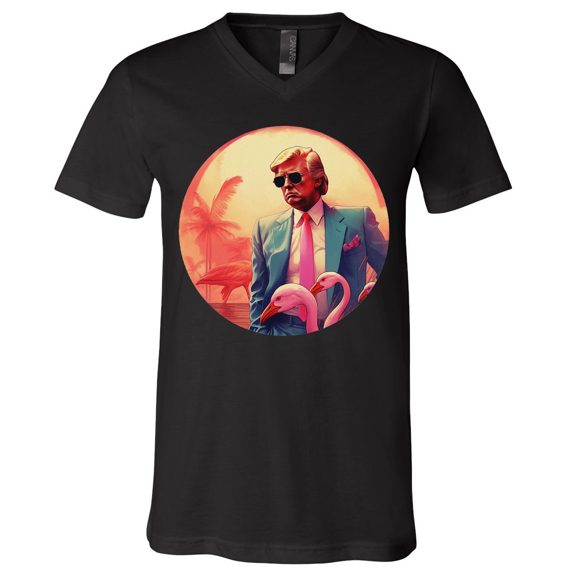 Trump Vice Style Sunglasses And Flamingos In Miami V-Neck T-Shirt