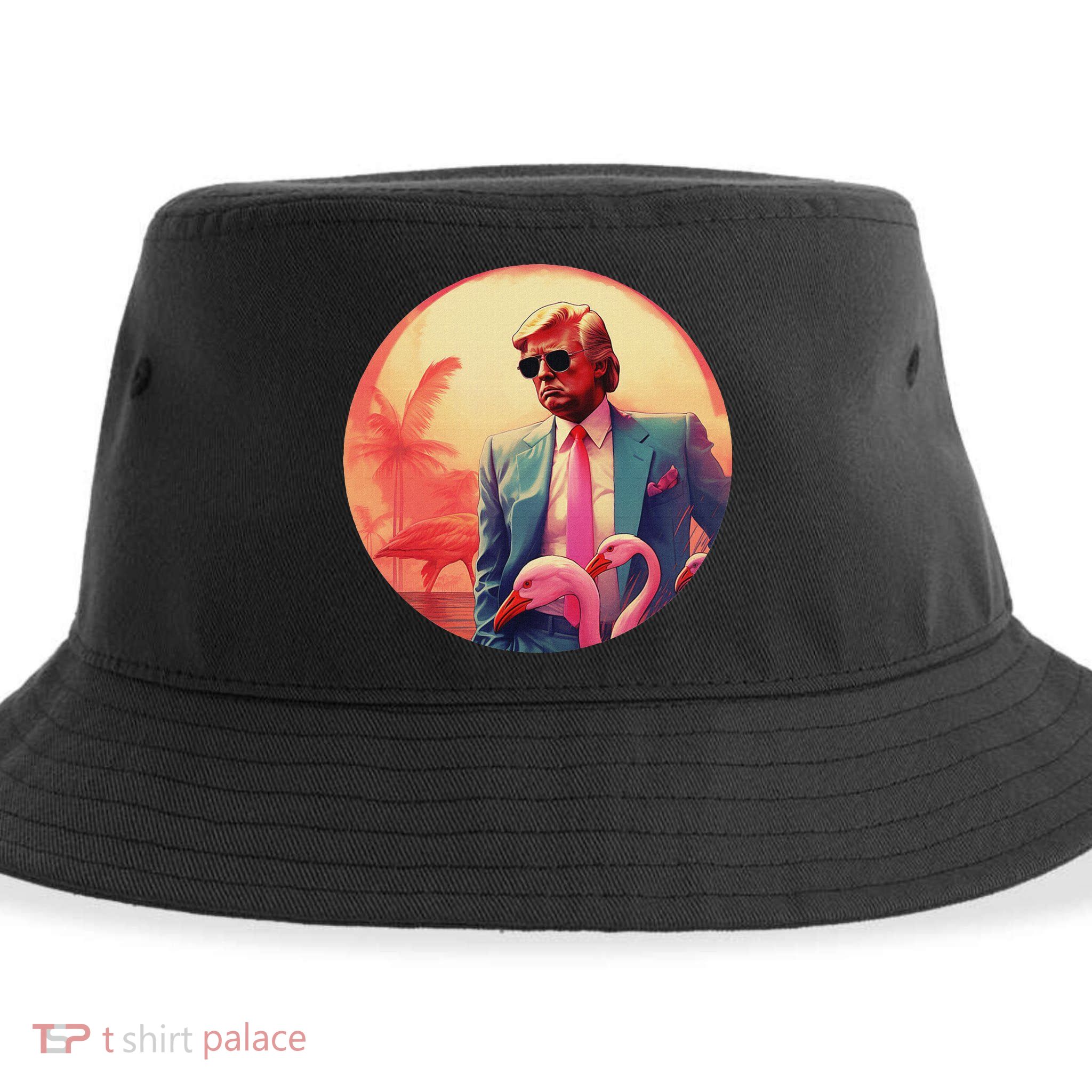 Trump Vice Style Sunglasses And Flamingos In Miami Sustainable Bucket Hat
