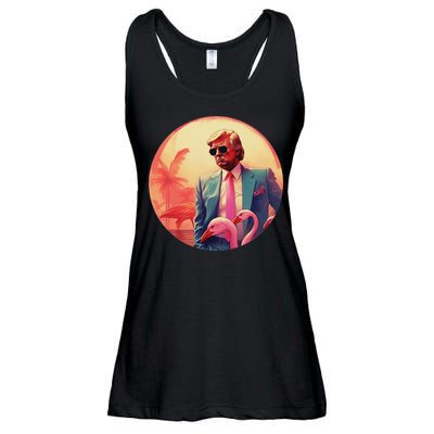 Trump Vice Style Sunglasses And Flamingos In Miami Ladies Essential Flowy Tank