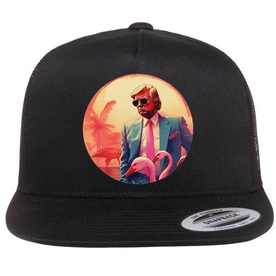 Trump Vice Style Sunglasses And Flamingos In Miami Flatbill Hat