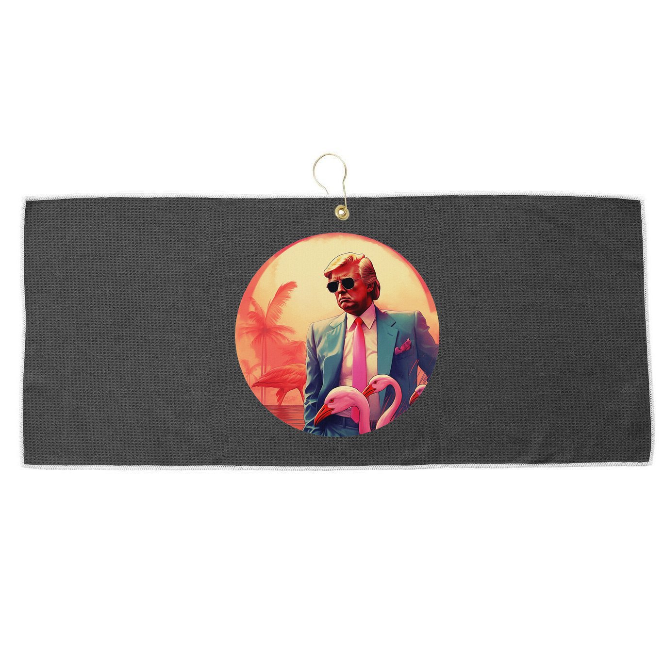 Trump Vice Style Sunglasses And Flamingos In Miami Large Microfiber Waffle Golf Towel