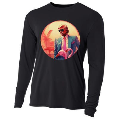 Trump Vice Style Sunglasses And Flamingos In Miami Cooling Performance Long Sleeve Crew