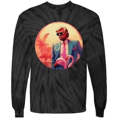 Trump Vice Style Sunglasses And Flamingos In Miami Tie-Dye Long Sleeve Shirt