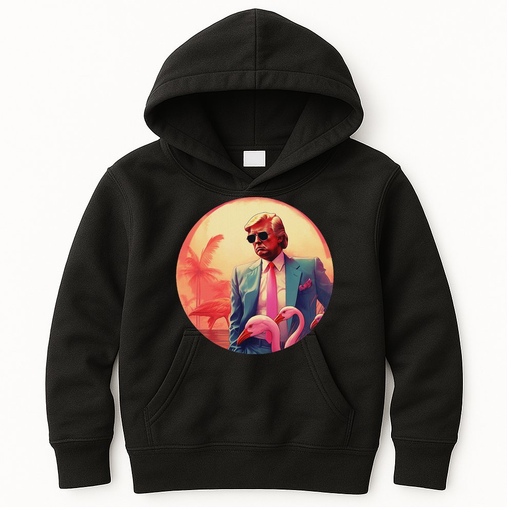 Trump Vice Style Sunglasses And Flamingos In Miami Kids Hoodie
