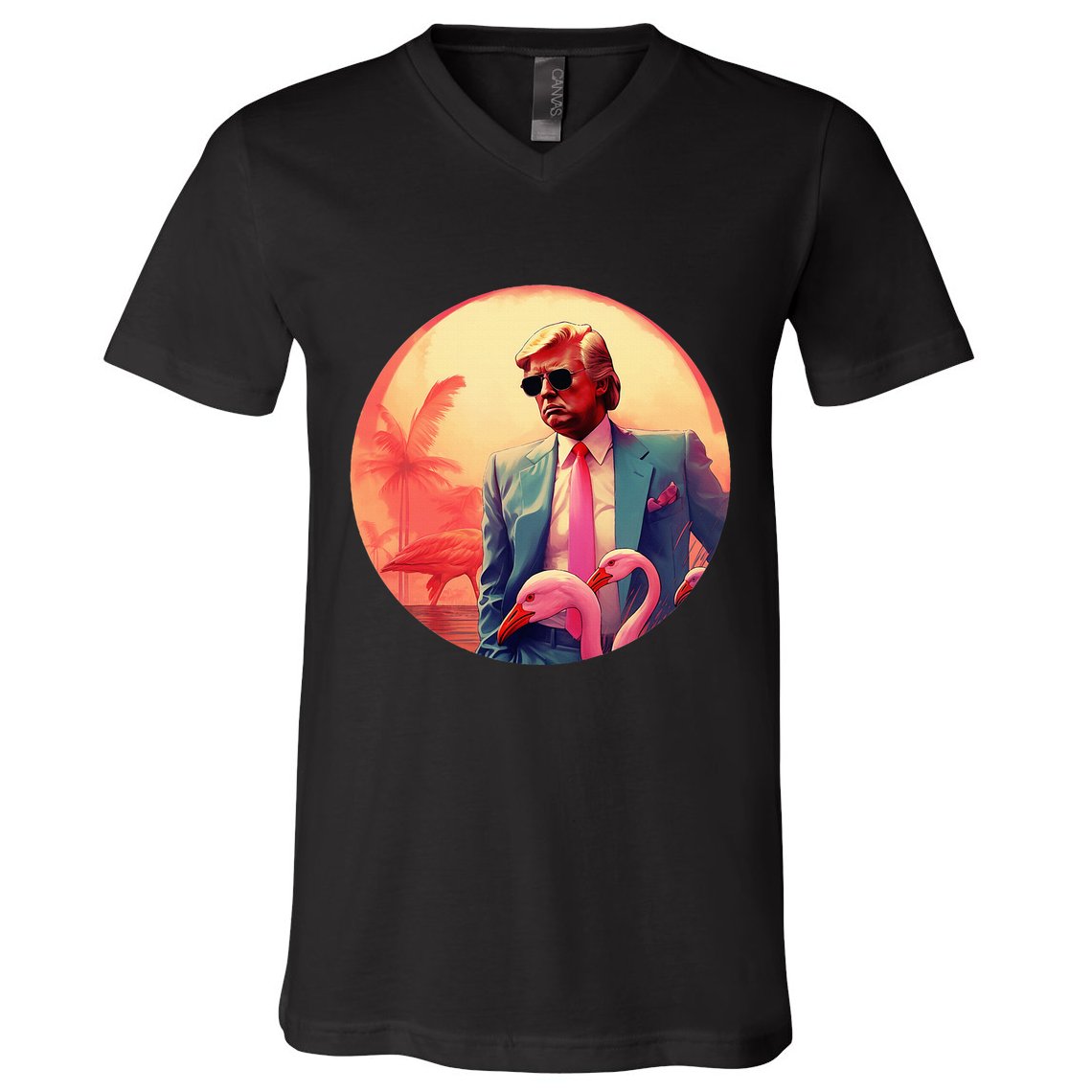 Trump Vice Style With Sunglasses And Flamingos In Miami V-Neck T-Shirt