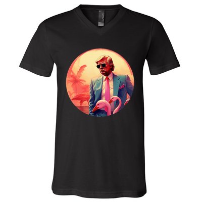 Trump Vice Style With Sunglasses And Flamingos In Miami V-Neck T-Shirt