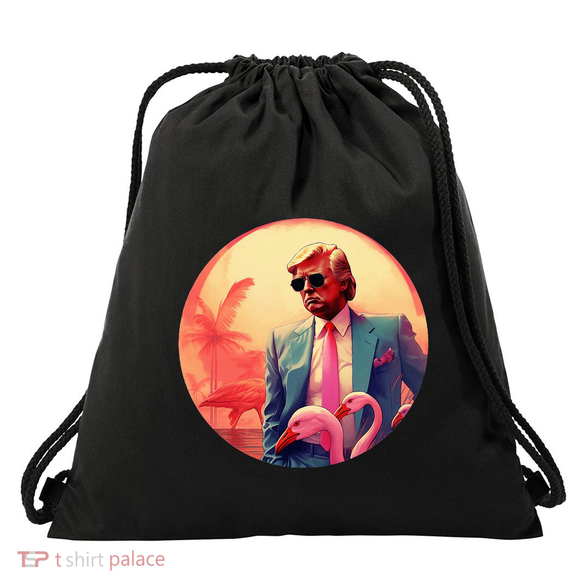 Trump Vice Style With Sunglasses And Flamingos In Miami Drawstring Bag