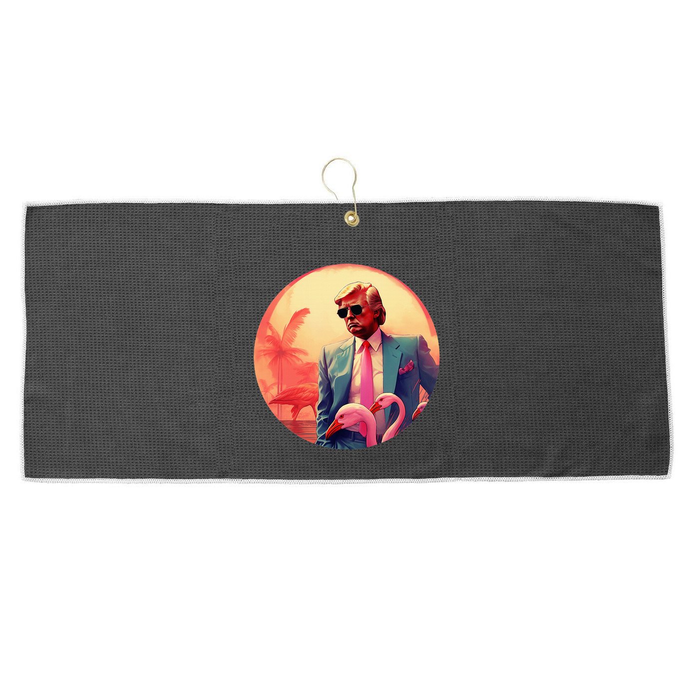 Trump Vice Style With Sunglasses And Flamingos In Miami Large Microfiber Waffle Golf Towel