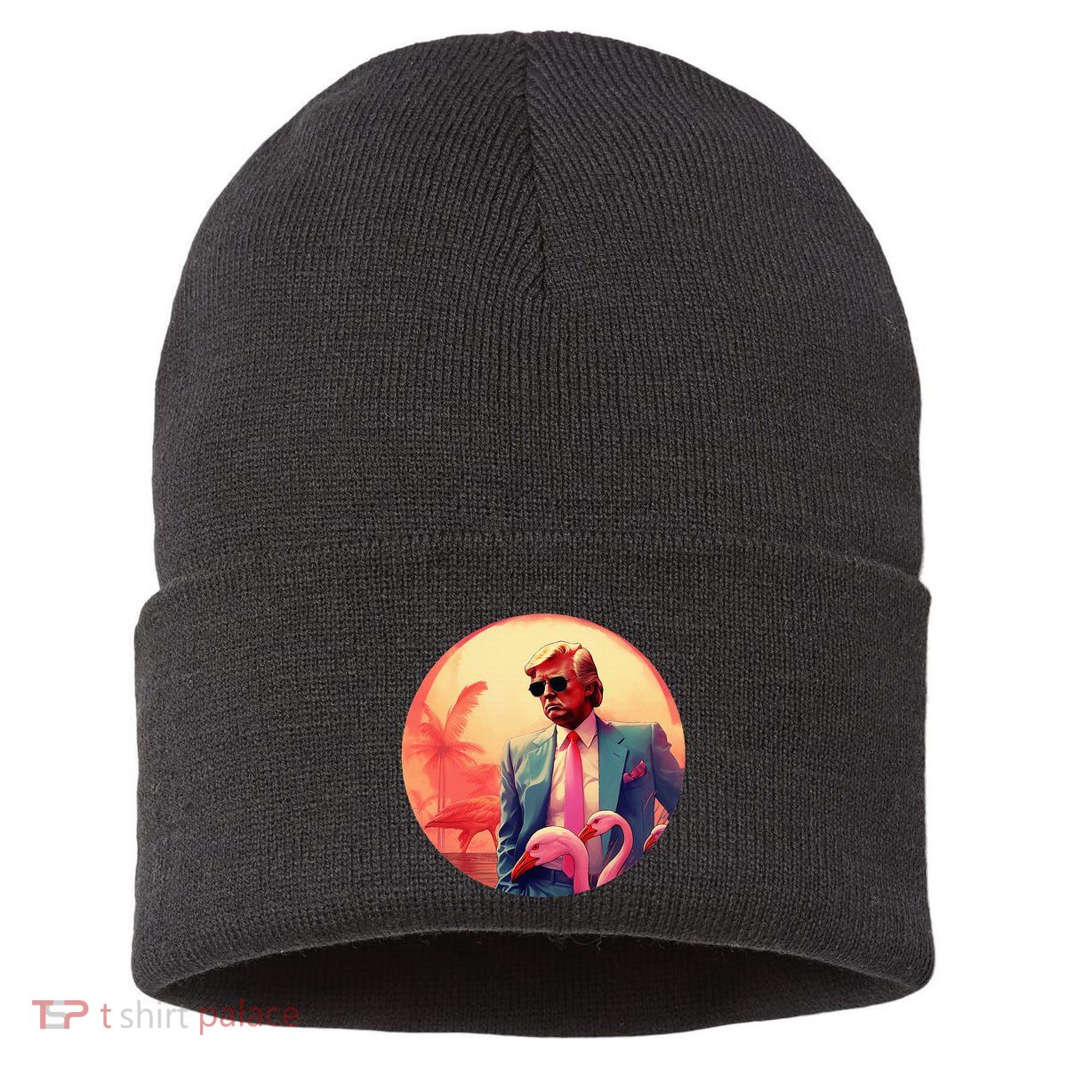 Trump Vice Style With Sunglasses And Flamingos In Miami Sustainable Knit Beanie