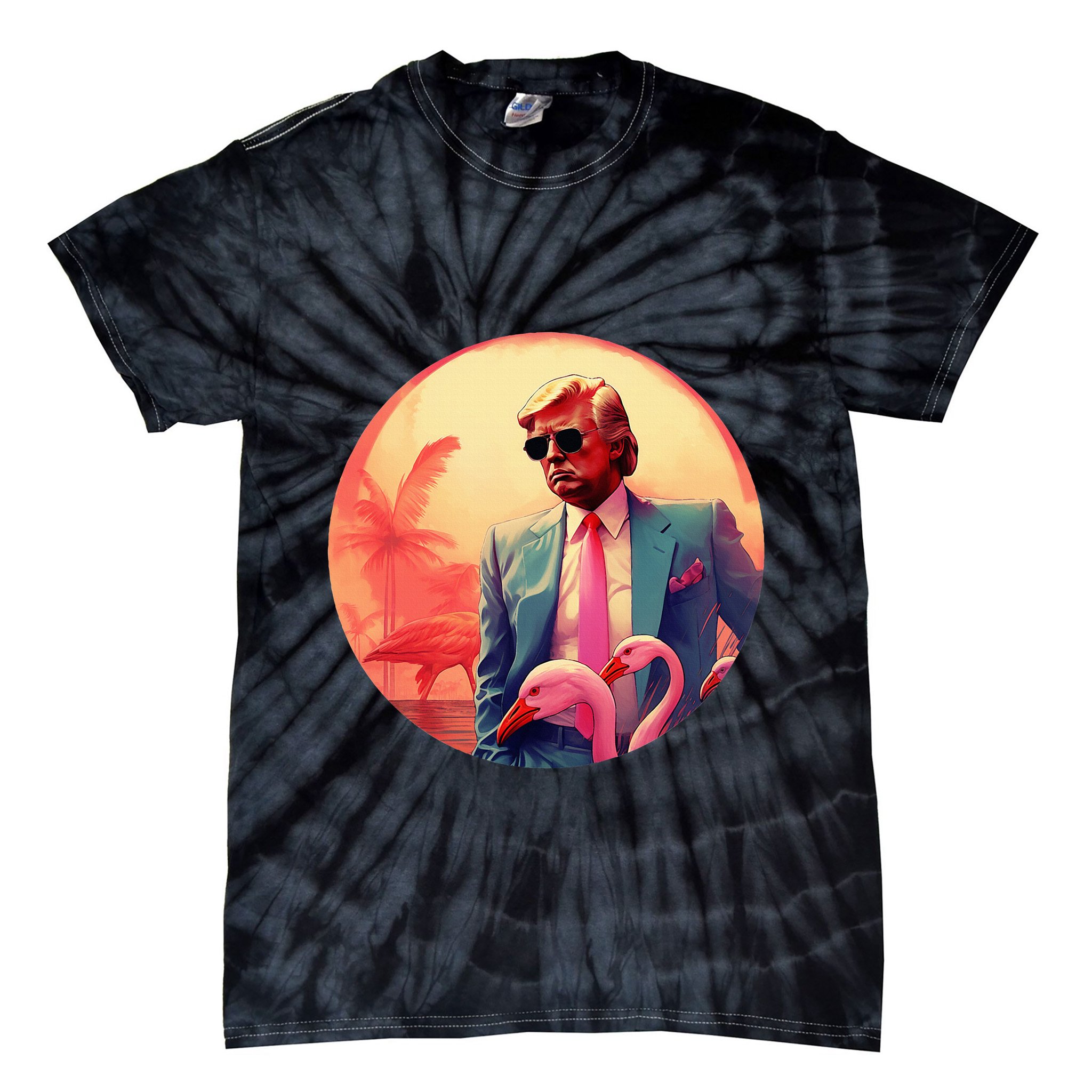 Trump Vice Style With Sunglasses And Flamingos In Miami Tie-Dye T-Shirt