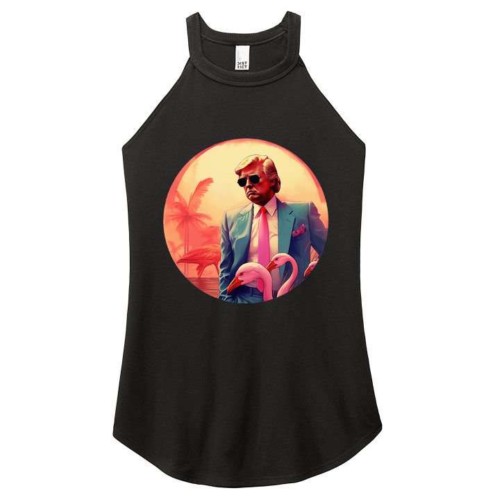 Trump Vice Style With Sunglasses And Flamingos In Miami Women's Perfect Tri Rocker Tank