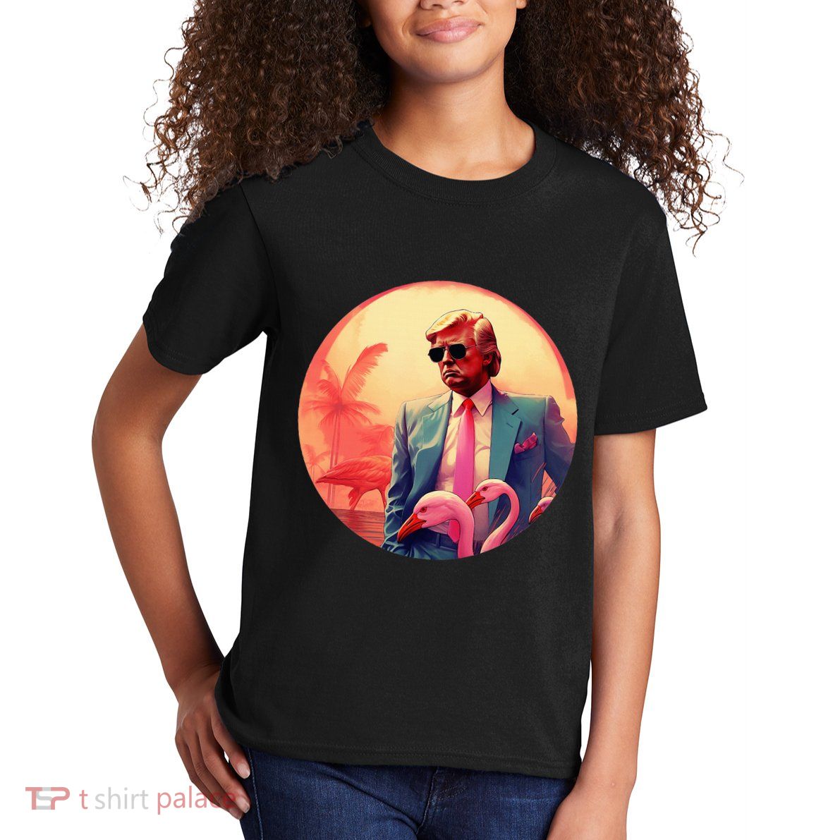 Trump Vice Style With Sunglasses And Flamingos In Miami Kids T-Shirt