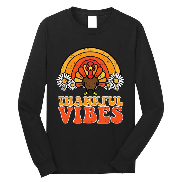 Thankful Vibes Turkey Rainbow Retro Thanksgiving Long Sleeve Shirt