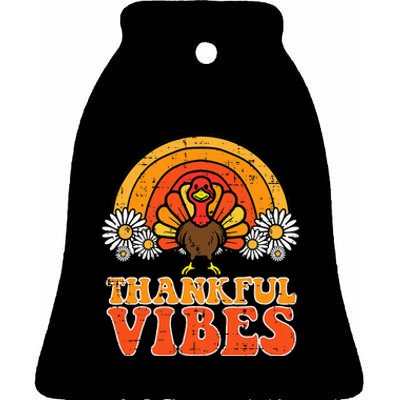 Thankful Vibes Turkey Rainbow Retro Thanksgiving Ceramic Bell Ornament