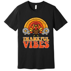 Thankful Vibes Turkey Rainbow Retro Thanksgiving Premium T-Shirt