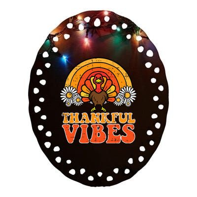 Thankful Vibes Turkey Rainbow Retro Thanksgiving Ceramic Oval Ornament