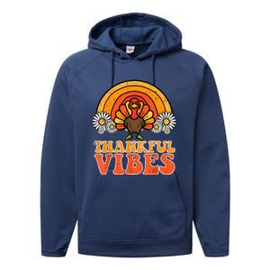 Thankful Vibes Turkey Rainbow Funny Retro Thanksgiving Women Performance Fleece Hoodie