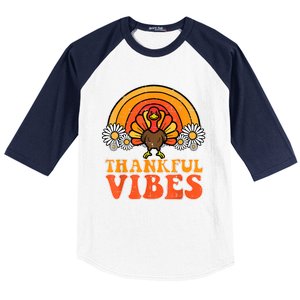 Thankful Vibes Turkey Rainbow Funny Retro Thanksgiving Women Baseball Sleeve Shirt