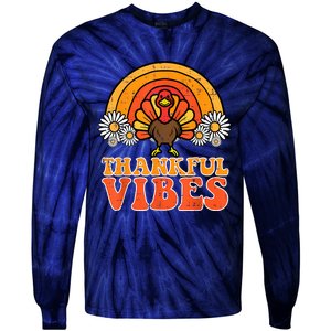 Thankful Vibes Turkey Rainbow Funny Retro Thanksgiving Women Tie-Dye Long Sleeve Shirt