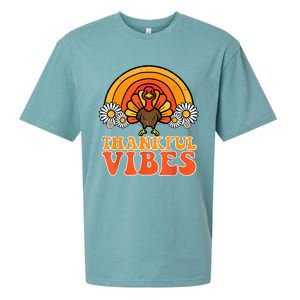 Thankful Vibes Turkey Rainbow Funny Retro Thanksgiving Women Sueded Cloud Jersey T-Shirt