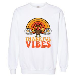 Thankful Vibes Turkey Rainbow Funny Retro Thanksgiving Women Garment-Dyed Sweatshirt