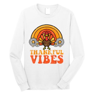 Thankful Vibes Turkey Rainbow Funny Retro Thanksgiving Women Long Sleeve Shirt