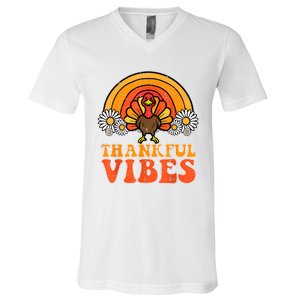 Thankful Vibes Turkey Rainbow Funny Retro Thanksgiving Women V-Neck T-Shirt