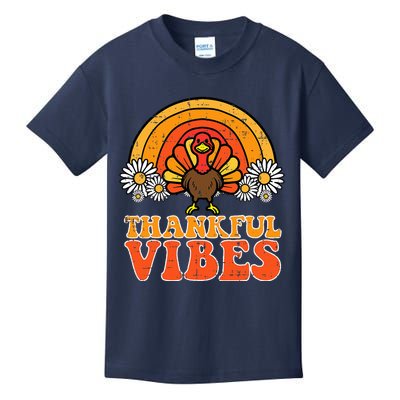 Thankful Vibes Turkey Rainbow Funny Retro Thanksgiving  Kids T-Shirt