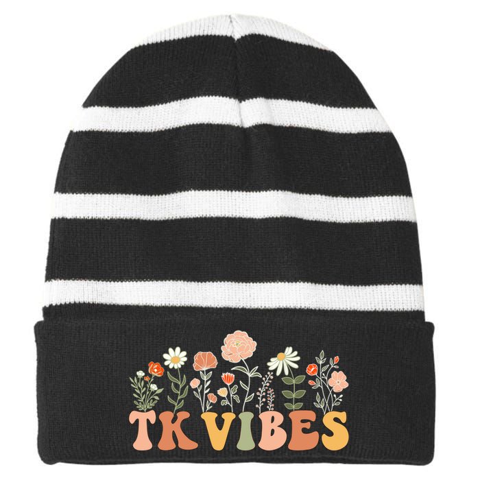 TK Vibes Wildflower Retro Teacher Daisy Kids Back To School Striped Beanie with Solid Band