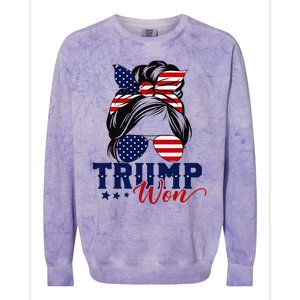 Trump Won 2024 Messy Bun Girl Women President 47th Trump Win Colorblast Crewneck Sweatshirt