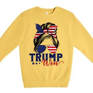 Trump Won 2024 Messy Bun Girl Women President 47th Trump Win Premium Crewneck Sweatshirt