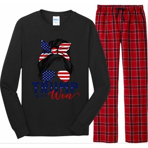 Trump Won 2024 Messy Bun Girl Women President 47th Trump Win Long Sleeve Pajama Set