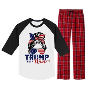 Trump Won 2024 Messy Bun Girl Women President 47th Trump Win Raglan Sleeve Pajama Set