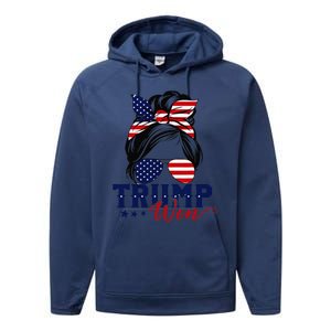 Trump Won 2024 Messy Bun Girl Women President 47th Trump Win Performance Fleece Hoodie