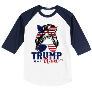 Trump Won 2024 Messy Bun Girl Women President 47th Trump Win Baseball Sleeve Shirt