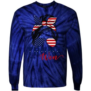 Trump Won 2024 Messy Bun Girl Women President 47th Trump Win Tie-Dye Long Sleeve Shirt