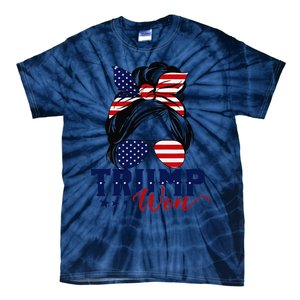 Trump Won 2024 Messy Bun Girl Women President 47th Trump Win Tie-Dye T-Shirt