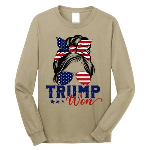 Trump Won 2024 Messy Bun Girl Women President 47th Trump Win Long Sleeve Shirt