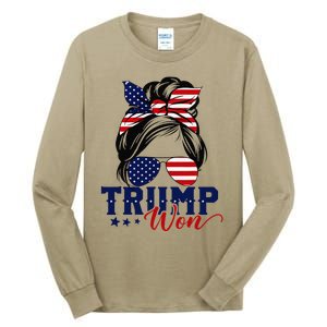 Trump Won 2024 Messy Bun Girl Women President 47th Trump Win Tall Long Sleeve T-Shirt