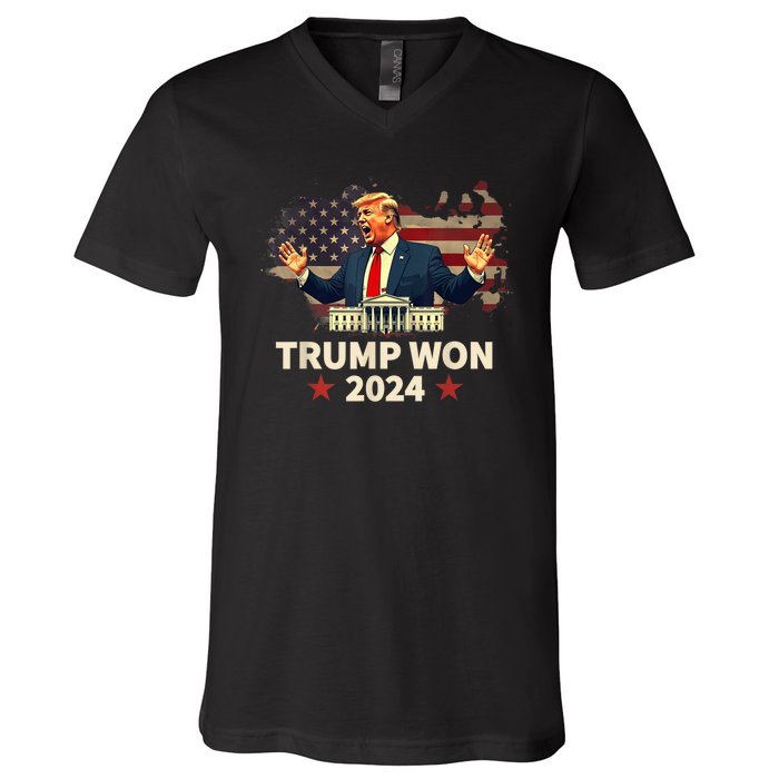 Trump Won 2024 President 47th Election Us Flag V-Neck T-Shirt