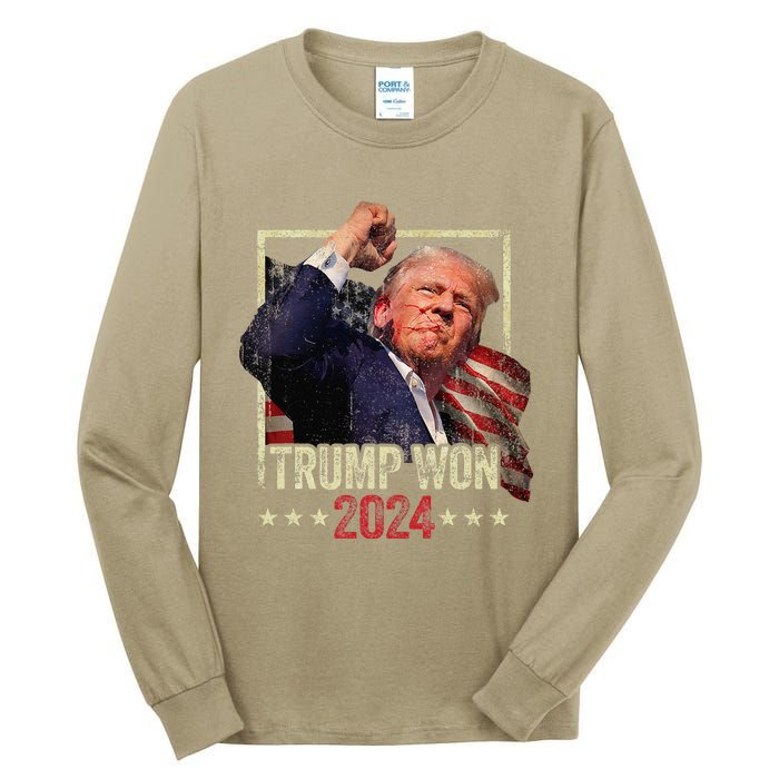 Trump Won 2024 Election President 47th American Flag Vintage Tall Long Sleeve T-Shirt