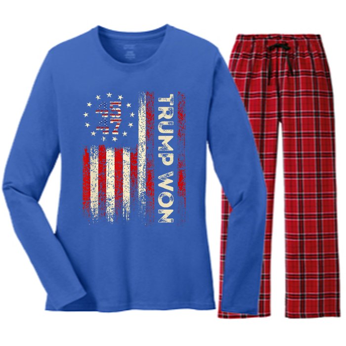 Trump Won 2024 Election President 47 Th Women's Long Sleeve Flannel Pajama Set 