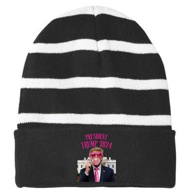 Trump Won 2024 President Trump Blowing Gum Striped Beanie with Solid Band