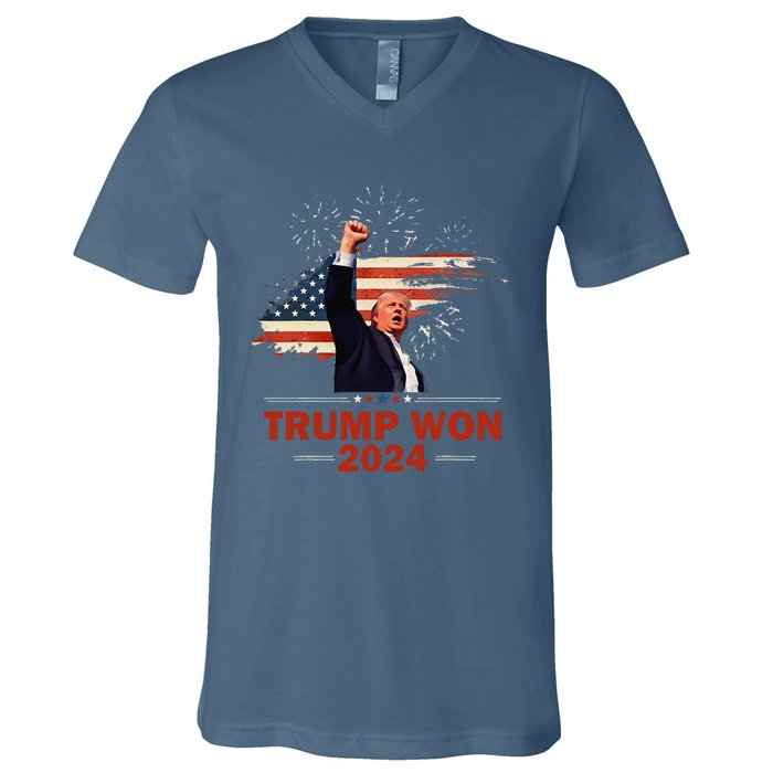 Trump Won 2024 Election President 47 Th American Flag V-Neck T-Shirt