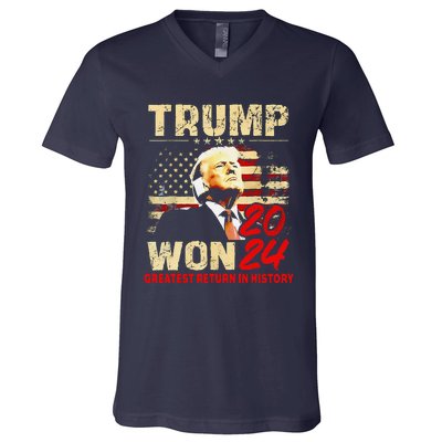 Trump Won 2024 Greatest Return In History 47th President V-Neck T-Shirt