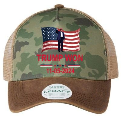 Trump Wins 2024 Election Trump Won 2024 America Flag 11/05/2024 Legacy Tie Dye Trucker Hat