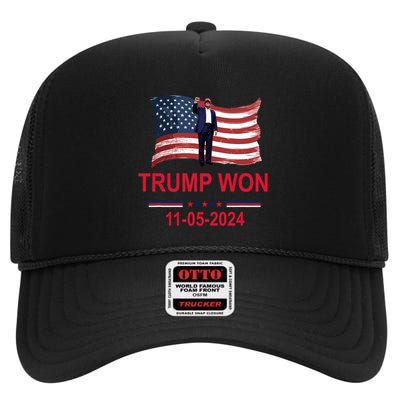 Trump Wins 2024 Election Trump Won 2024 America Flag 11/05/2024 High Crown Mesh Back Trucker Hat