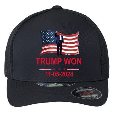 Trump Wins 2024 Election Trump Won 2024 America Flag 11/05/2024 Flexfit Unipanel Trucker Cap