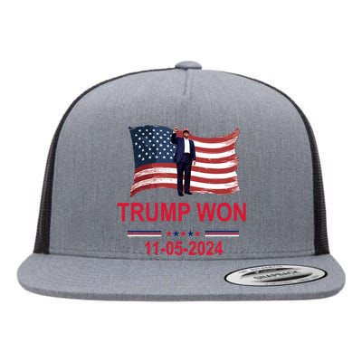 Trump Wins 2024 Election Trump Won 2024 America Flag 11/05/2024 Flat Bill Trucker Hat