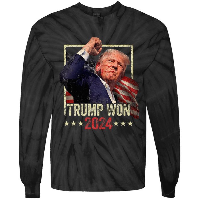 Trump Won 2024 Election President 47th American Flag Vintage Tie-Dye Long Sleeve Shirt